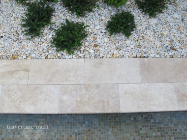 Two rows of light coping separate blue mosaic pool tiles from a bed of white pebbles and small plants.