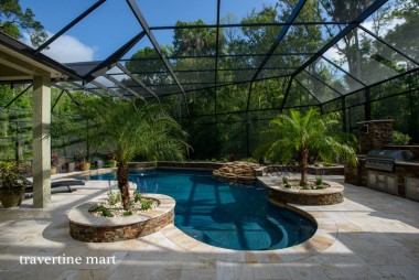 A screened freeform pool is bordered by pale paving and round stone planter islands containing palms.