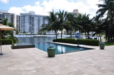 Pale mixed-size paving borders a waterside pool with palms, large planters and a basketball hoop at the far edge.