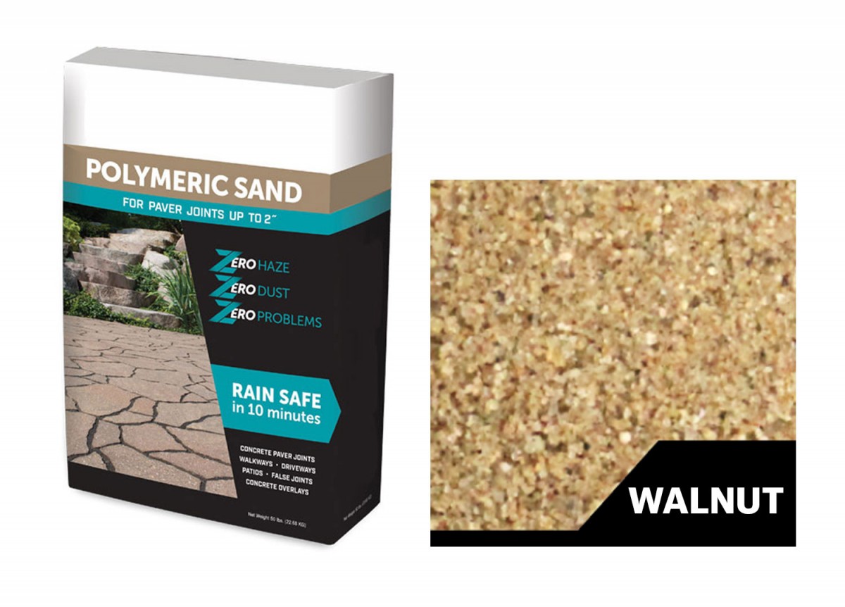 A bag of walnut polymeric sand and a swatch color